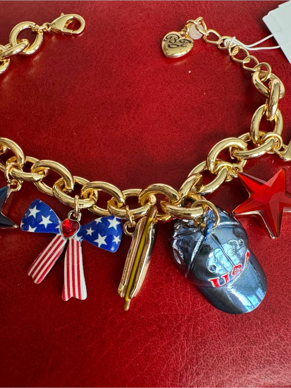Betsey Johnson Gold Chain Bracelet with Red, Blue & White Patriotic Charms - Picture 2 of 4